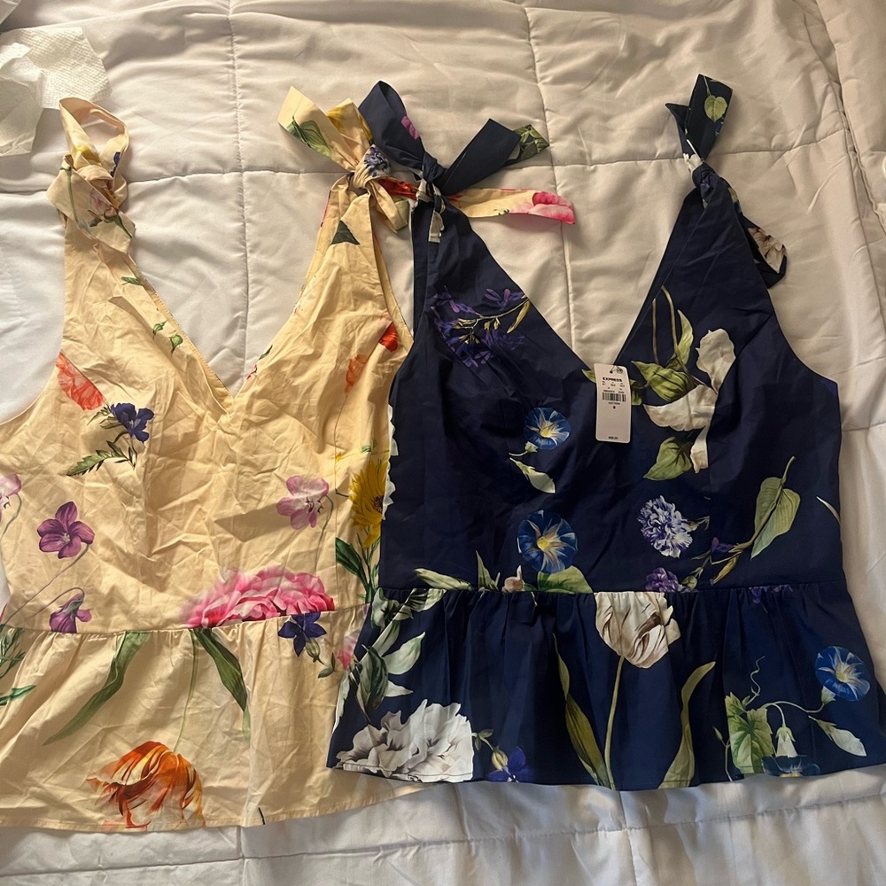 Express Floral Tank Tops - Cream and Navy